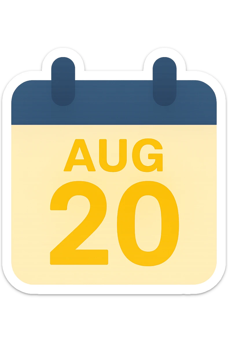 A tear-off calendar sheet showing August 20 with bold numbers in yellow color, no background, strong and clear design. sticker