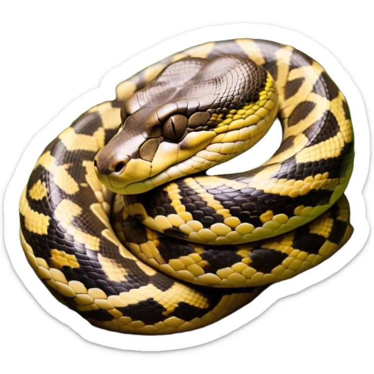 Meme-Worthy cute Sleeping Anaconda Portrait Emoji, Body coiled in a relaxed, peaceful slumber with a contented expression and softly closed eyes, showcasing intricately patterned scales and a serene demeanor, Simplified yet hilariously adorable features, highly detailed, glowing with a soft, drowsy jungle light, high shine, relaxed and utterly lovable, stylized with an air of playful laziness, bright and heartwarming, soft glowing outline, capturing the essence of a sleeping serpent that feels destined to become the next viral sensation of adorable rest! sticker