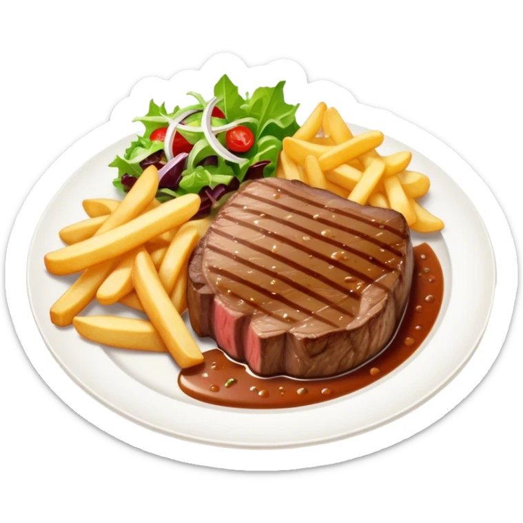 big juicy australian steak meal featuring chips, small salad in a ramiken and gravy  sticker