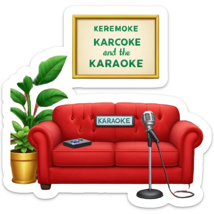 front view of a red velvet couch with a mic in front, houseplants in the background, and a sign in the background that says "karaoke" sticker
