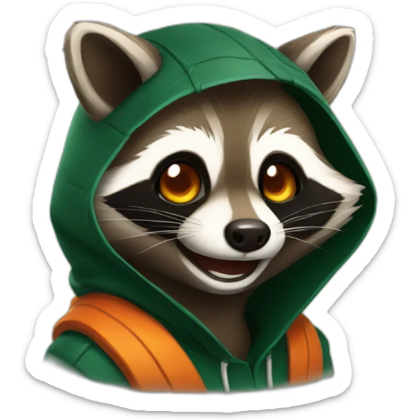 brown raccoon with orange eyes and a dark green hood that is laughing sticker