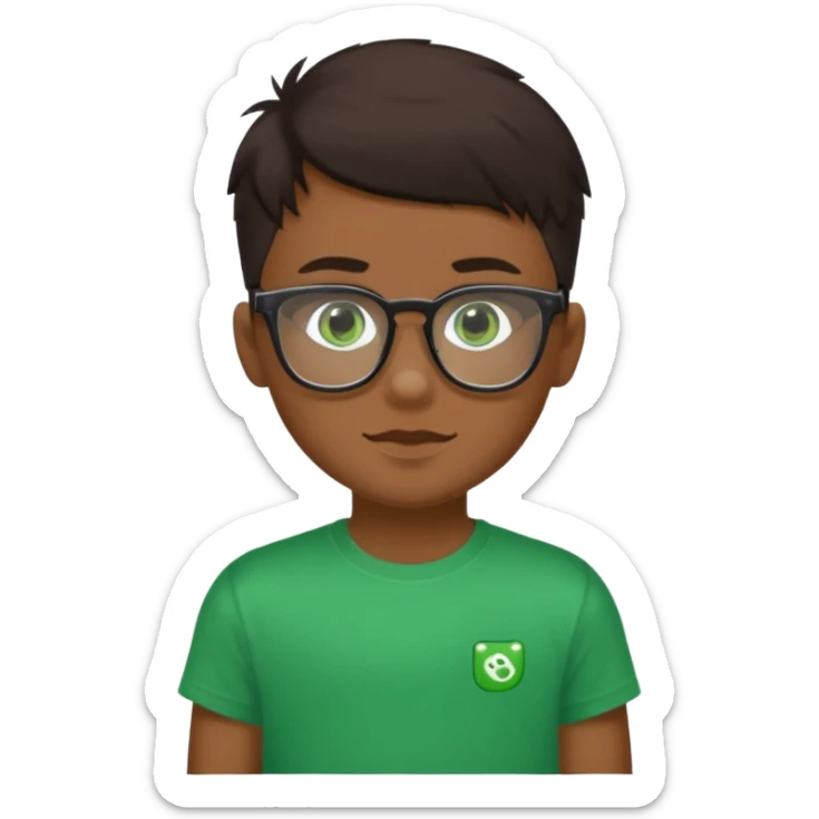 Garçon brun, peu bronzée, des yeux verts foncés, un t shirt noir et des lunettes rectangulaires transparentes sticker