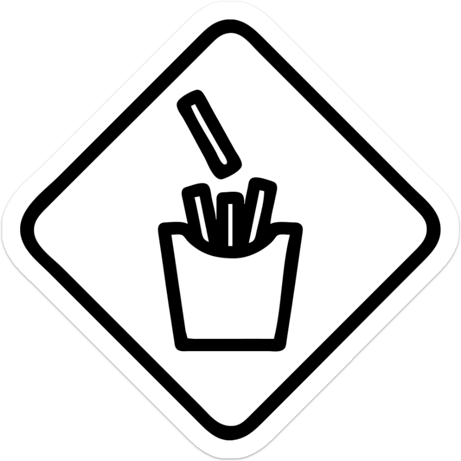 yellow warning road sign, a single french fry being dropped into a bag containing a few other fries, simple icon style sticker