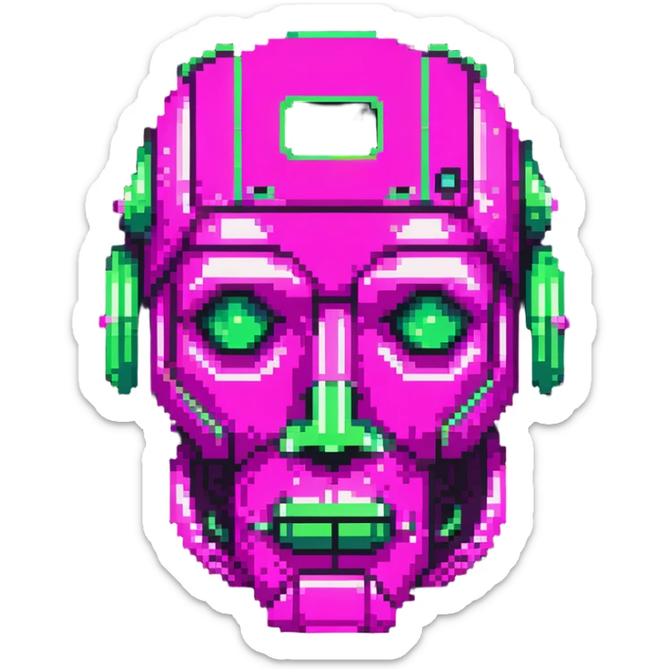minimalist cartoon emoji of a robot face, LLM theme, Matrix-inspired cyberpunk style, three neon green shades with magenta, clean crisp pixel lines, techy sticker look, stroke, futuristic digital feel sticker