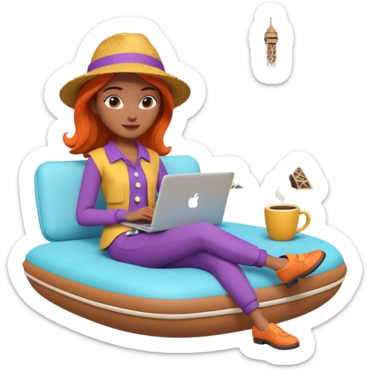 3D clay woman character relaxed with laptop and coffee in Paris, floating icons (dollars), colofrful modern outfit, white laptop, Pixar style, transparent background sticker