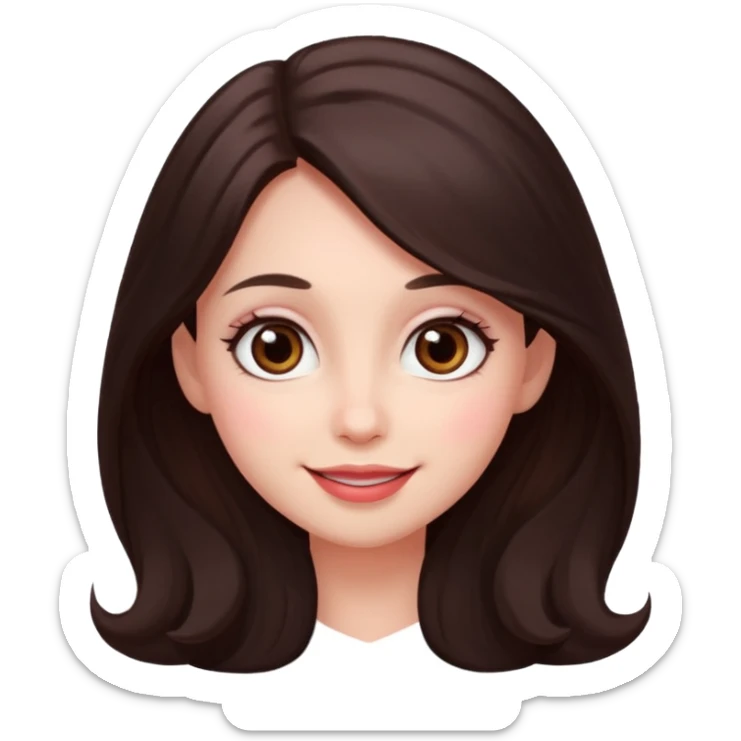An featuring a woman with dark brown long hair, brown big eyes, light pinkish skin, red cheeks, sweet sticker