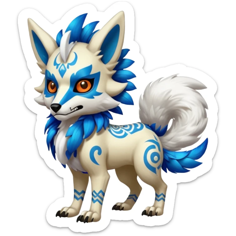 Furry cute colorful exotic tribal feral anime-styled Fakémon-Pokémon-animal-creature with a white wolf-skull-head-mask-face, and blue feathers around neck, with long furry ears, long furry tail, 4 legs, (full body), with intricate pattern-markings sticker