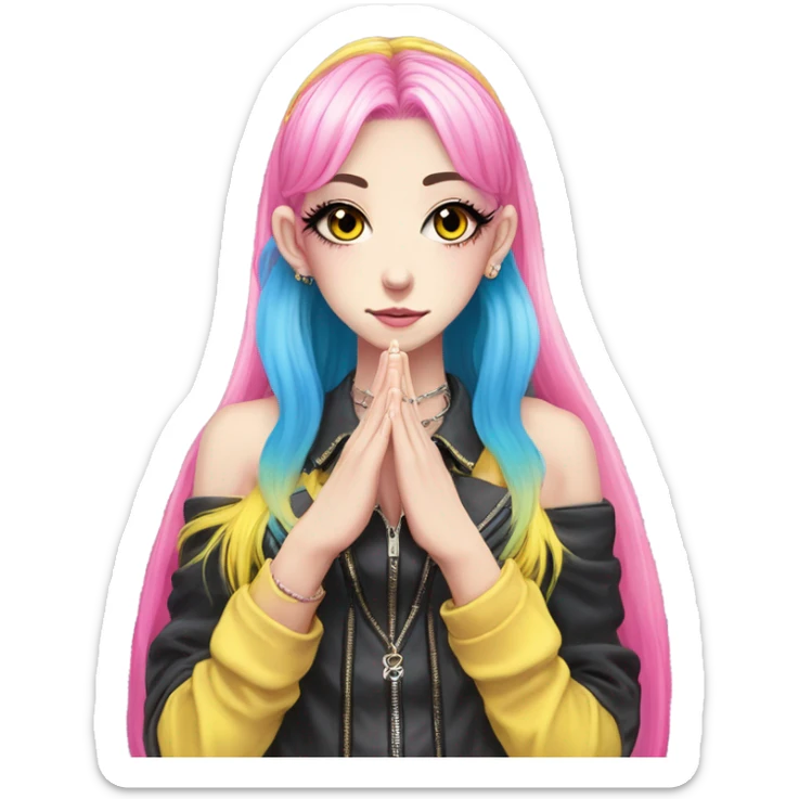 Blue eyed long eye lashes pout blonde and pink hair pale hime gyaru girl, hot pink and yellow split-dyed hair, nose ring, elf ears, dark makeup, punk clothes standing next to three diffrent men praying on their knees sticker
