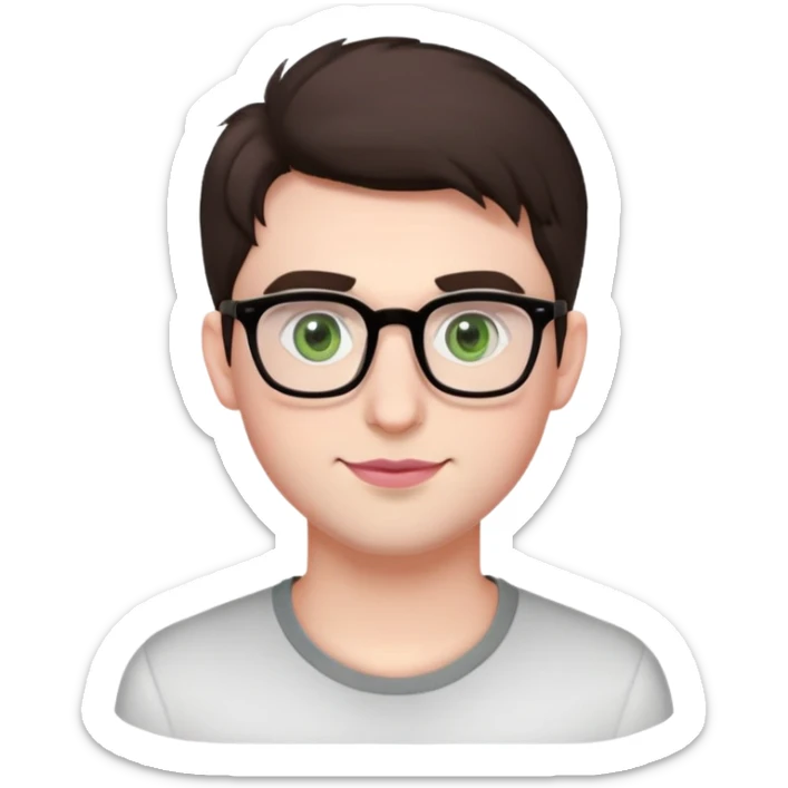 Young man with short but voluminous poofy dark brown hair, green eyes wearing glasses, wide face with eyes set apart, bigger ears, very pale skin, slightly bigger nose, fuller darker pink lips with a smile, and very light stubble sticker