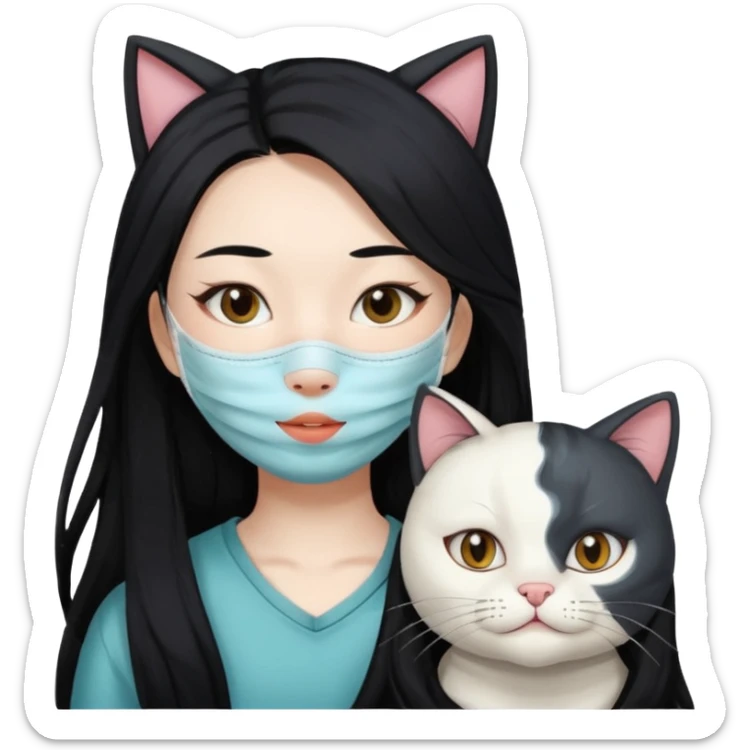 Asian girl with pooo hair and with whole facial mask pack with one cat sticker