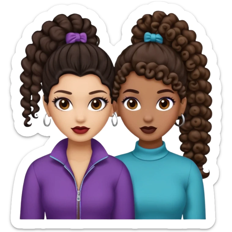 Boujy baddie best friends, trendy heavy makeup both dark hair one light skinned and one mocha brown with curls and one with ponytail sticker