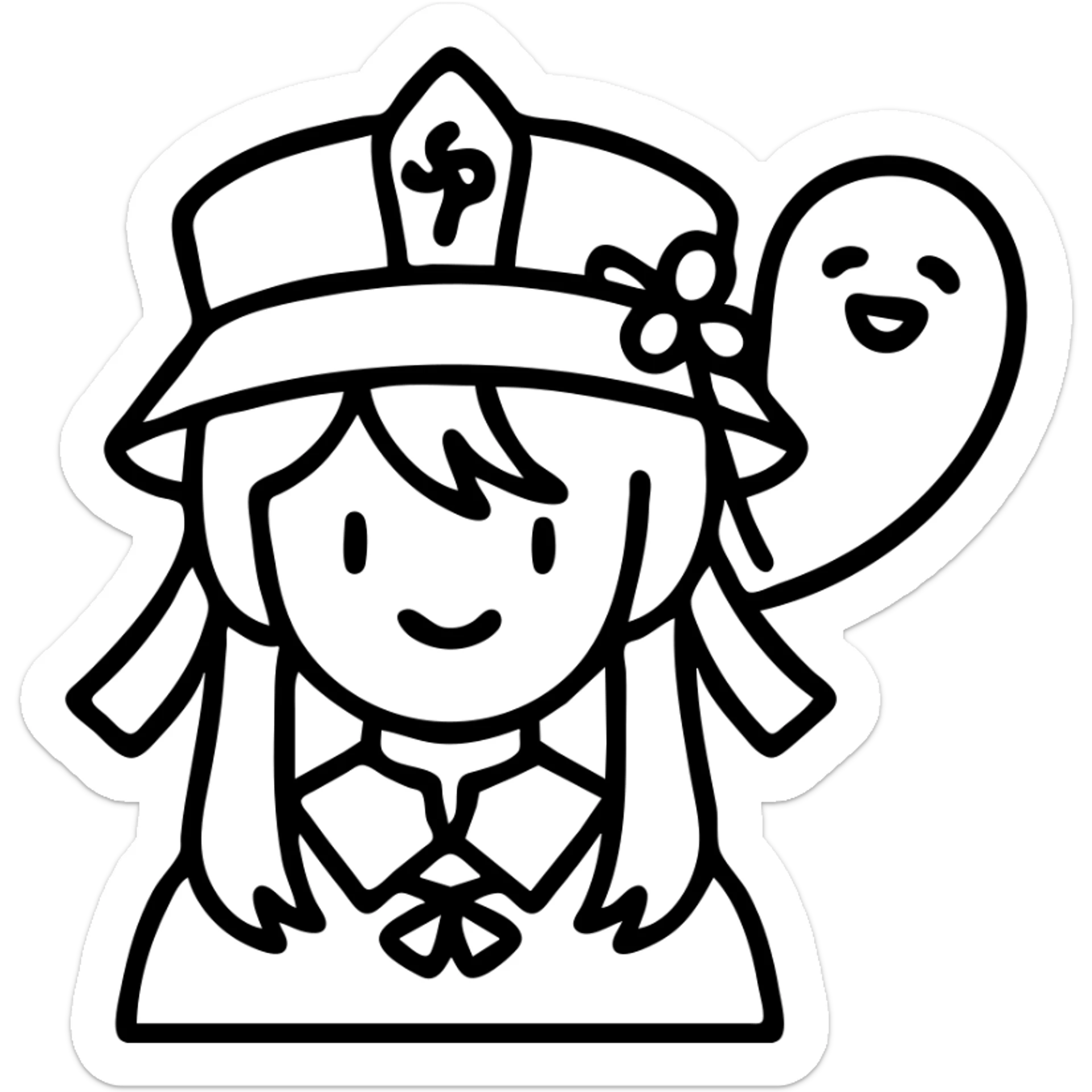 icon of a character with a dark hat, red ribbon, ghost companion, inspired by Hu Tao from Genshin Impact, modern icon style sticker
