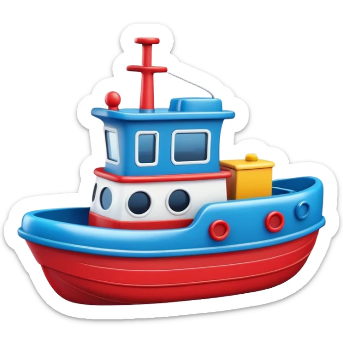 A colorful toy tugboat with a cute cheerful face and a red and blue body sticker