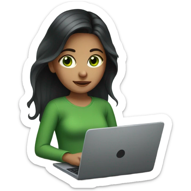 Girl with long dark hair, green eyes and laptop sticker