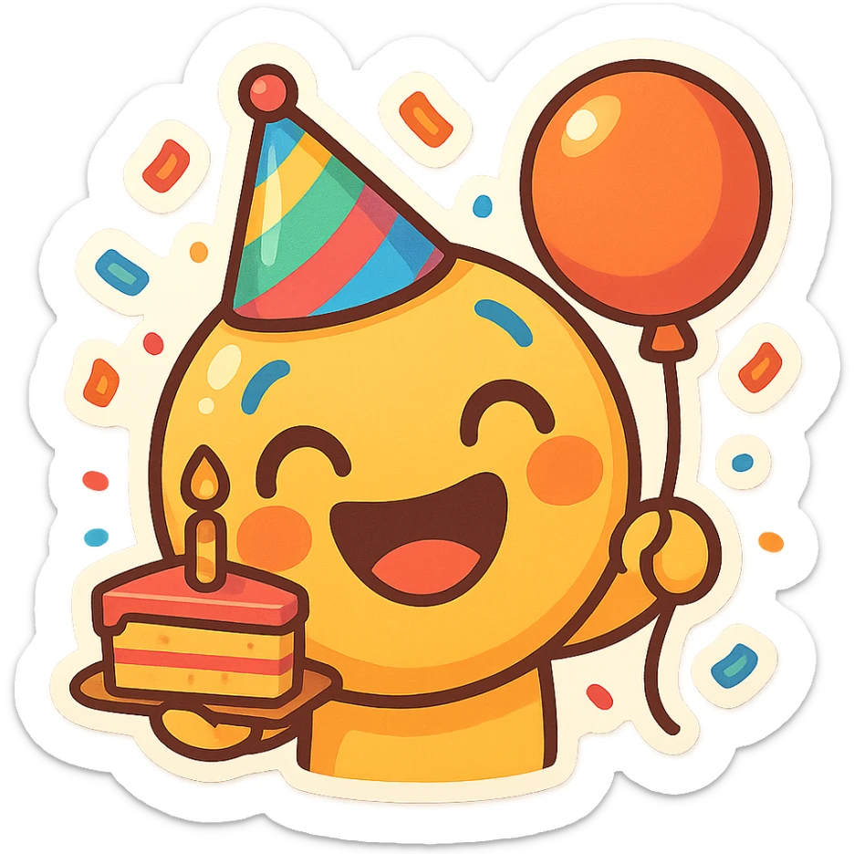 cheerful birthday emoji with big smiling face, colorful party hat, holding slice of cake in one hand and balloon in the other, confetti falling in background, bright festive colors, vibrant cartoon style sticker