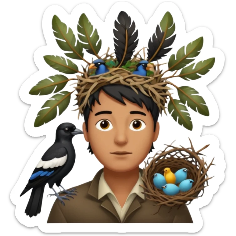 A man who has an Australian magpie, birds nest on top of his head for hair sticker