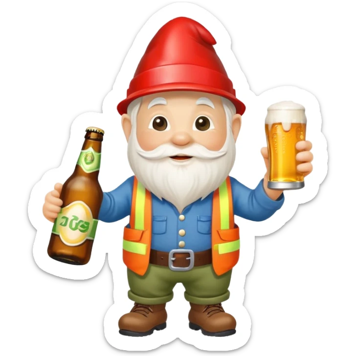 Garden gnome wearing construction clothes holding a bottle of beer and a can of beer  sticker