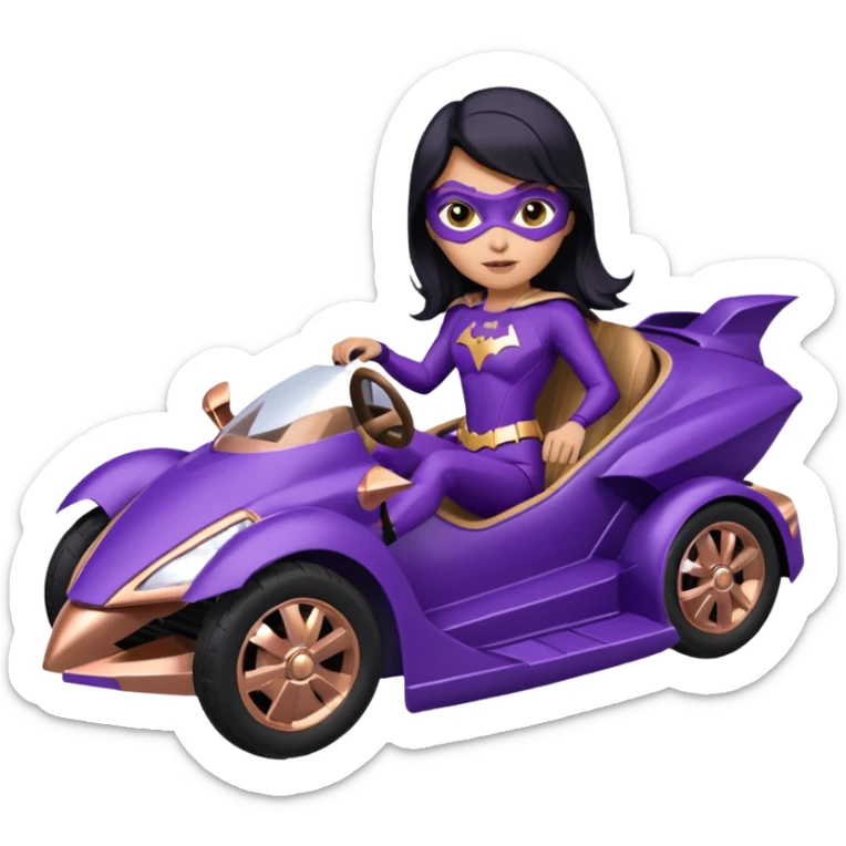 Hot full size real-appearance racing action BatGirl’s Lego feminine midnight-purple tight outfit sixty’s tv show 1992 stealthy retro sporty petite off-road pursuit hovering hover cruiser car rose gold accents (black hair,reclined and relaxed seating position) go kart sticker