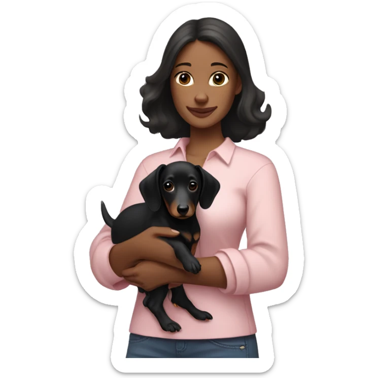 a brunette woman in a light pink shirt, with white skin, holding black dachshund puppy in her arms sticker