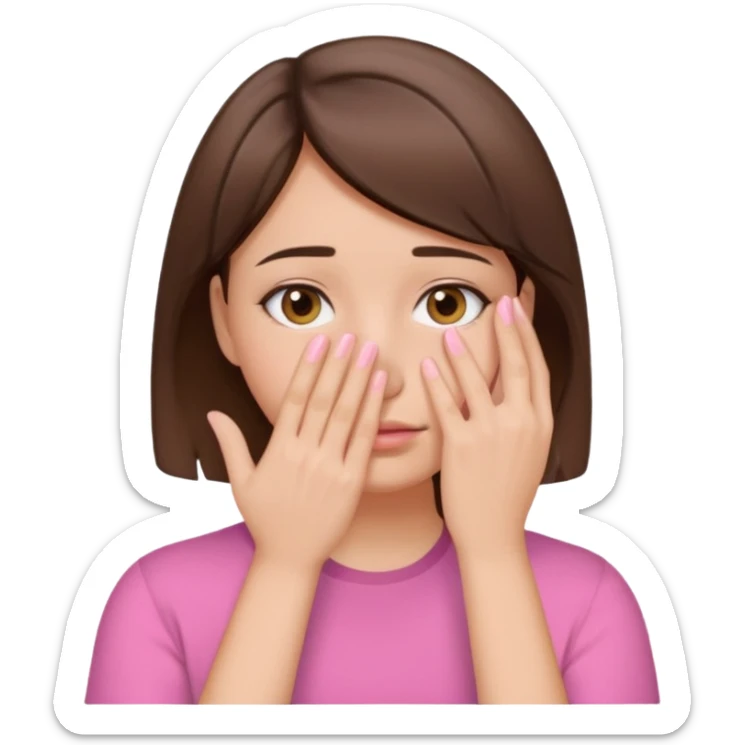 Woman with short brown hair and a pink shirt with hand covering up face  sticker