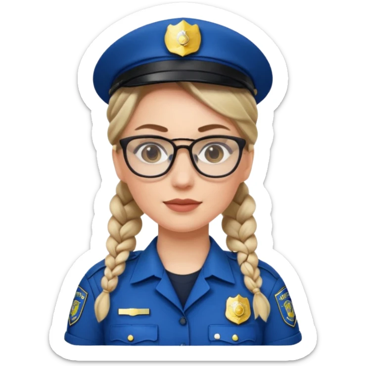 white woman, braided hair, wear police's uniform and glasses sticker