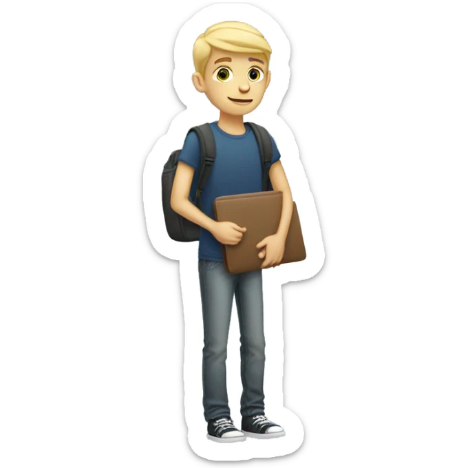 A tall blonde male teenager, 17 years old, holding a laptop bag sticker