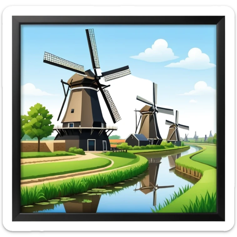 cinematic-realistic-kinderdijk-windmills-landmark-emoji,-showcasing-traditional-dutch-windmills-aligned-along-a-tranquil-canal,-with-lush-green-fields in a picture frame sticker