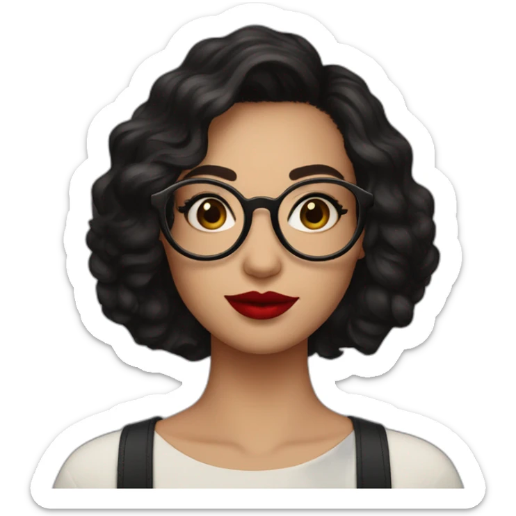 face of a 25 year old woman with short dark hair, red lipstick, eyeliner, and square but kinda rounded glasses sticker