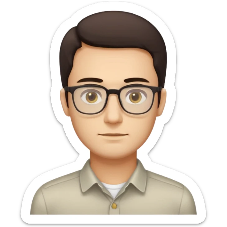 a young man around 30 years old, dark brown eyes, with dark brown hair, longer rectangular face, light yellow skin color, small eyes with rectangle shape glasses, without beard, no forehead wrinkles, wear shirt sticker