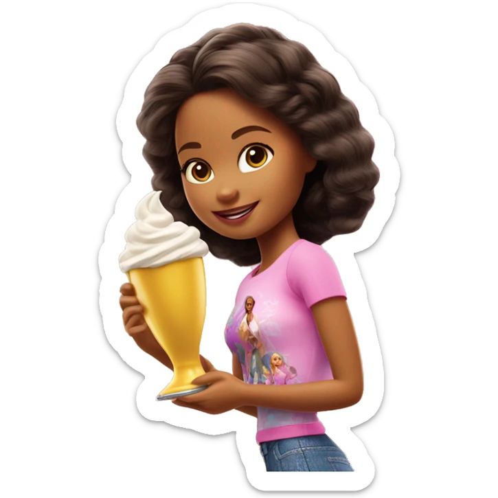 Chica pelo liso vestida de patinadora ( de la pelicula de Barbie del 2023), bebiendo chupitos o en su defecto una copa sticker