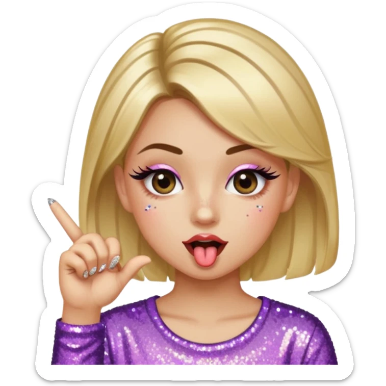 A girl in a all glitter shirt with big lashes on her eyes puts her thumb and pointer finger half way together with her tongue out  sticker