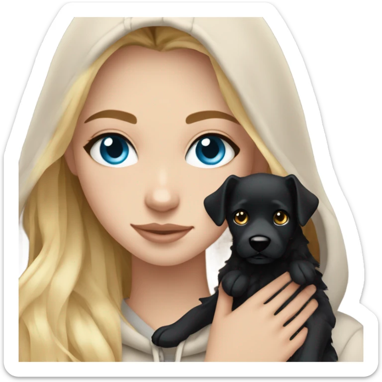 White girl blue eyes Blonde balayage long hair beige hoodie hugging black dog sticker