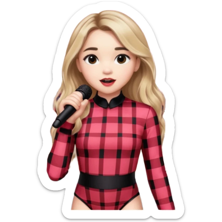 Sabrina carpenter singing at concert wearing a black and red plaid bodysuit with huge crowd and light pink stage setting  sticker