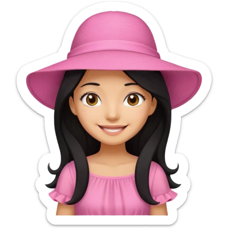 Girl in pink dress and sunhat smiling, black 2 string dress, blakc hair sticker