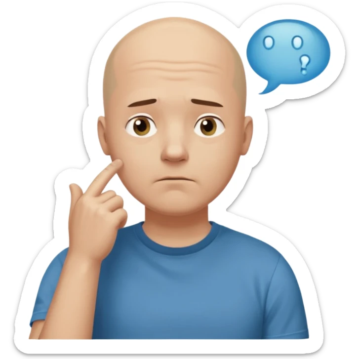 bald man with t-shirt, doubting face but not sad, hand on chin looking up, thought bubble sticker