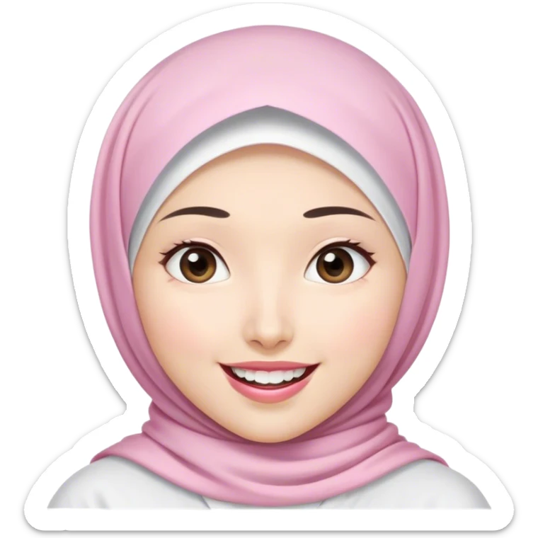 an Asian white woman hijab, her hijab color are white, her face is small, her lips are pink, her eyes are shining, her face looks happy showing her teeth, her eyes are also smiling sticker
