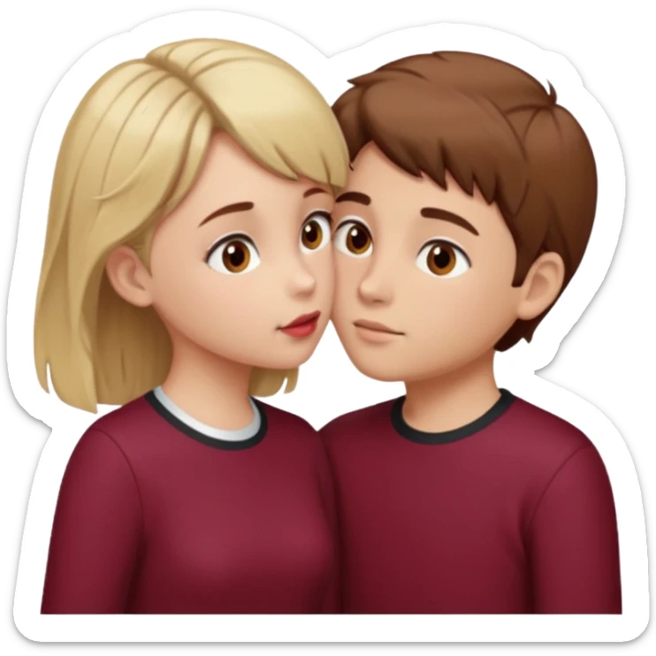 kiss-kiss boy and girl brown eyes, boy bown hair and girl blond hair cloth burgundy color sticker