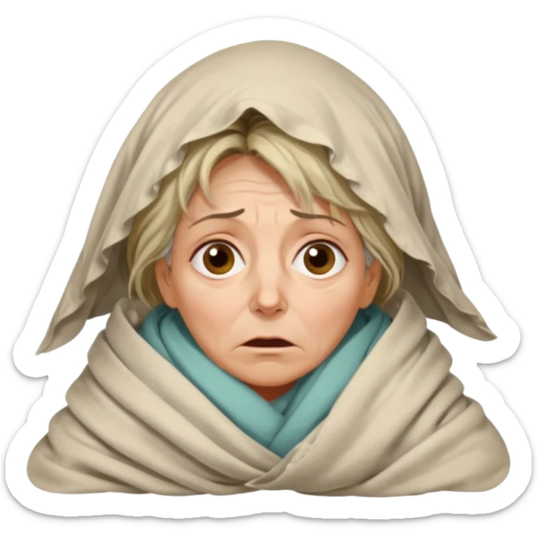 A 55-year-old woman lying in bed at night, unable to sleep. She looks exhausted and desperate, with visible dark circles under her eyes, tired facial expression, slightly messy hair. She is under the blankets, staring at the ceiling.  sticker