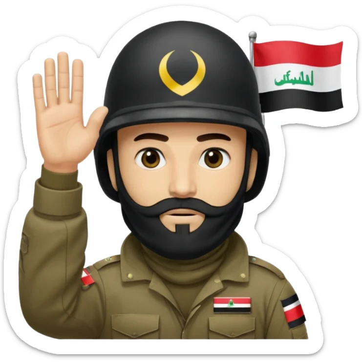 surrenders, depicts an Iraqi soldier from 1980, with a beard, in a helmet, a helmet with sign flag Iraq, with a balaclava, with sad eyes and both hands raised up sticker