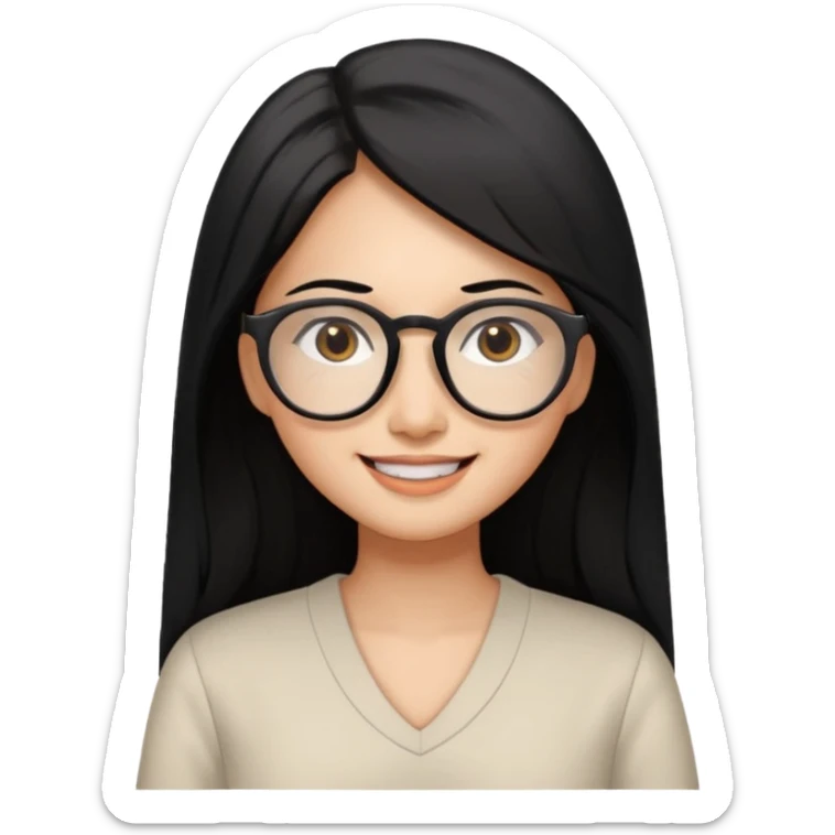 medium tan asian woman with long black hair past middle of back, round brown eyes, white v neck blouse. she has black thick frame rectangle shape glasses on and smiling with no teeth sticker