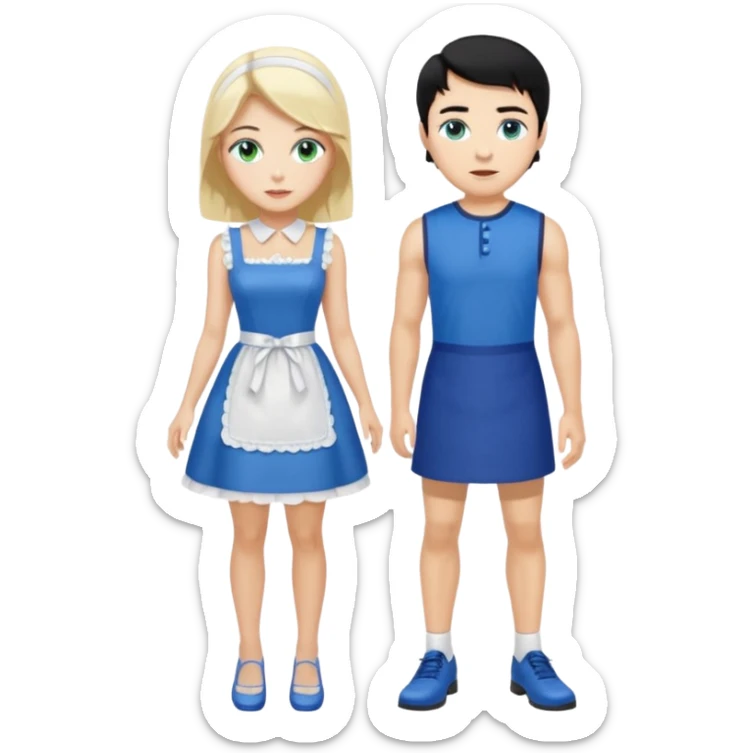 King, black hair, body, legst, blue eyes, blue garmont,  shoes, blonde maid, green eyes, sexy short sleveless White dress, shoes sticker