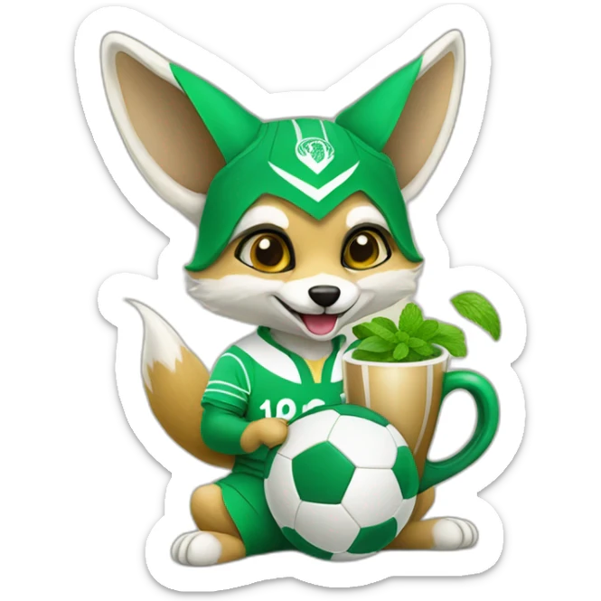 Algerian fennec wearing algerian football kit holding cup of mint tea sticker