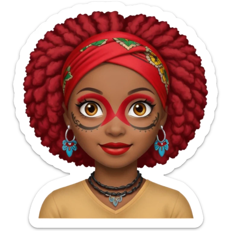 black afro hair with red head bandana and lots of face tattoo black skin girl sticker
