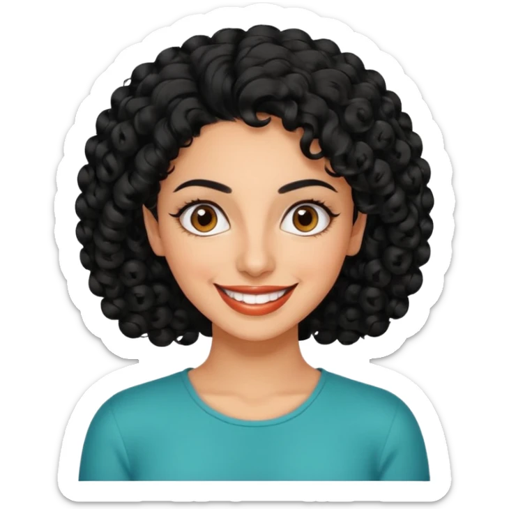 30 year old iranian woman very short curly black hair, big brown eyes, tanned skin, big smile, white teeth, pretty, stylish sticker