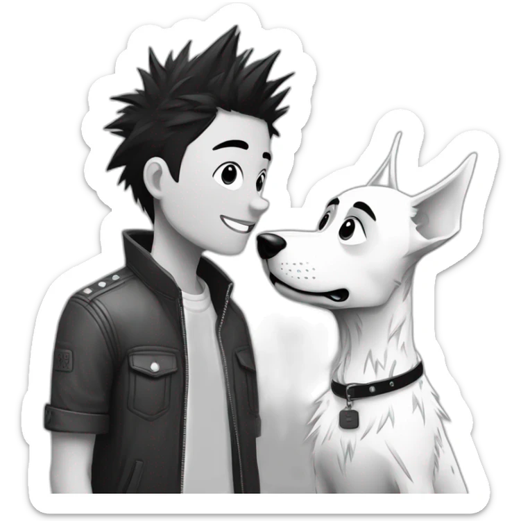 dog and a dark-haired girl with spiky hair looking at each other in style of ((sarah andersen)), black and white sticker