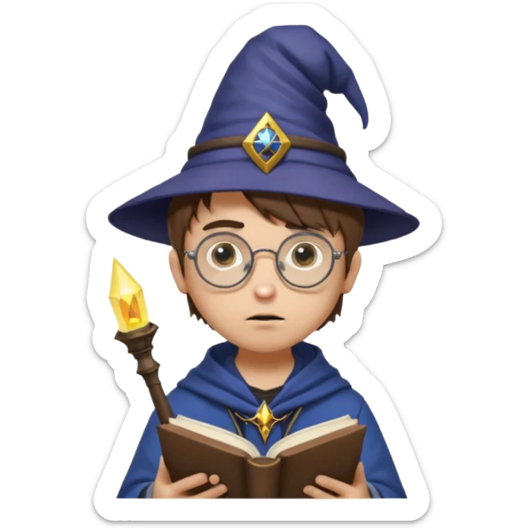["A sad boy with light skin, straight hair, wearing a wizard hat and round glasses, dressed in punk fashion, is reading a book while holding a phone."] sticker