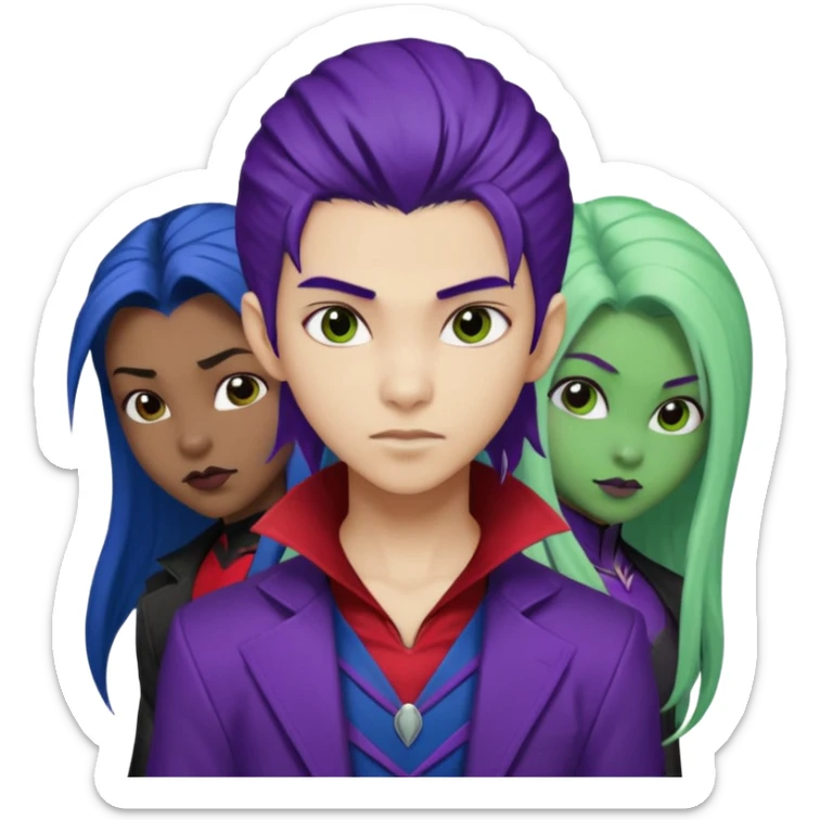 Solo poly platonic relationship, one African girl, one Asian boy, one biracial features Asian tomboy girl rat-tail hair long and upper masculine hair 90s, vampire and marvel cosplay elements inspired  use marvel race, like instead of obvious human, green purple blue etc,  sticker