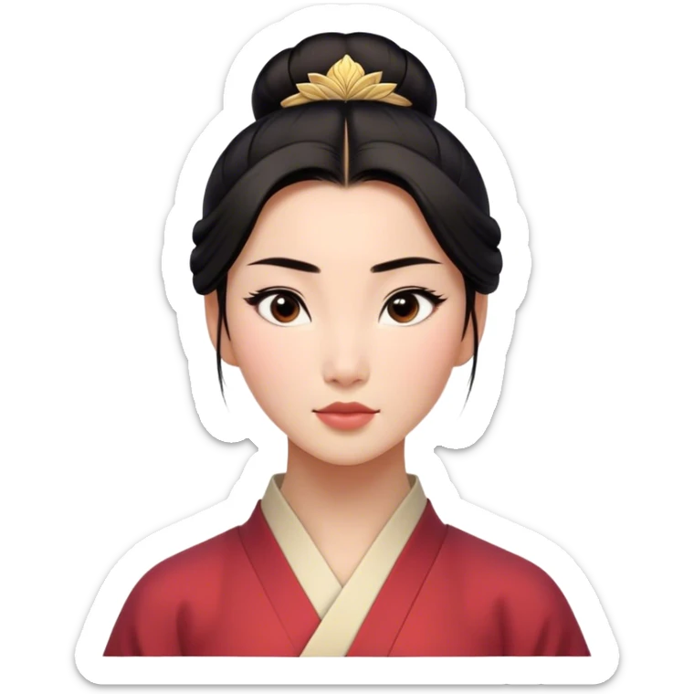 Cinematic Realistic Serene Mulan Portrait, showing Mulan (chest and above) with radiant, smooth skin and delicately detailed dark hair swept back in a neat bun. Her gentle, reflective expression is captured with soft natural lighting that highlights the nuanced textures of her features and traditional attire in muted hues. The composition glows with an inviting, natural radiance and subtle shadows, evoking a calm and introspective mood that speaks of quiet strength and enduring beauty. sticker
