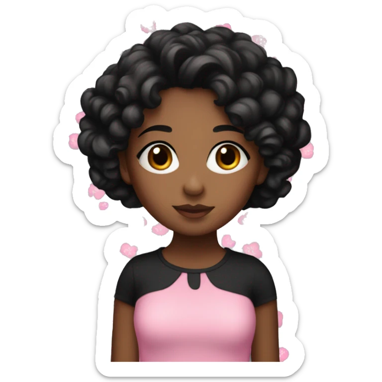 Girl with brown skin and black hair and black curly hair wearing a pink flower top sticker