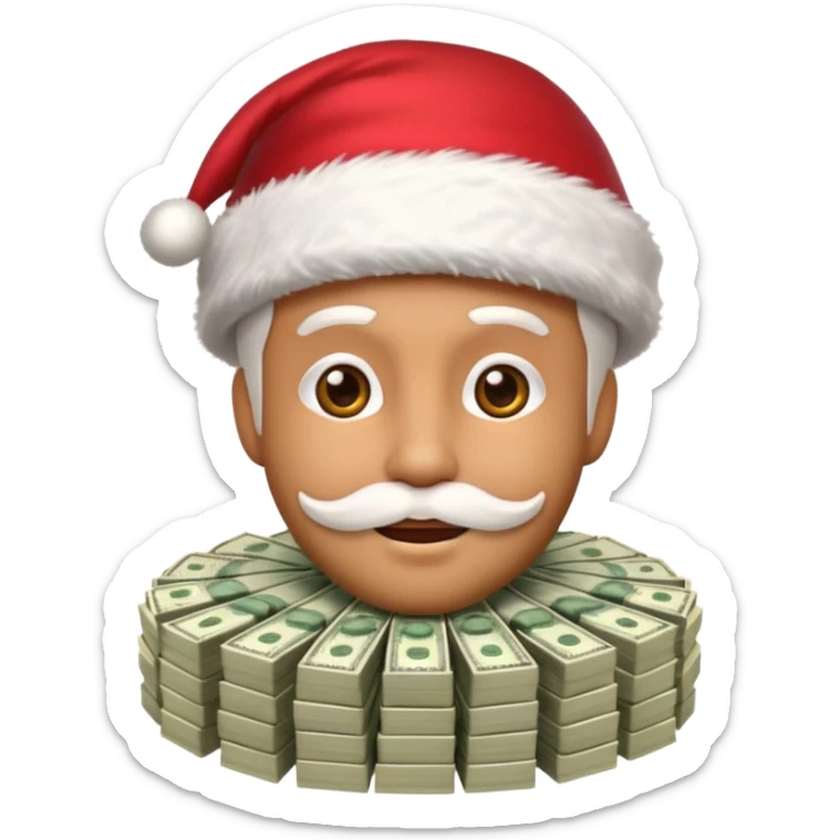A confident rich emoji face wearing a Santa hat, money stacks, casino vibe, New Year theme, premium 3D emoji style, sharp details, no text, isolated on transparent background sticker